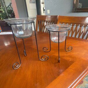Beautiful Matching Glass Candle Holders in Black Wrought Iron Stands